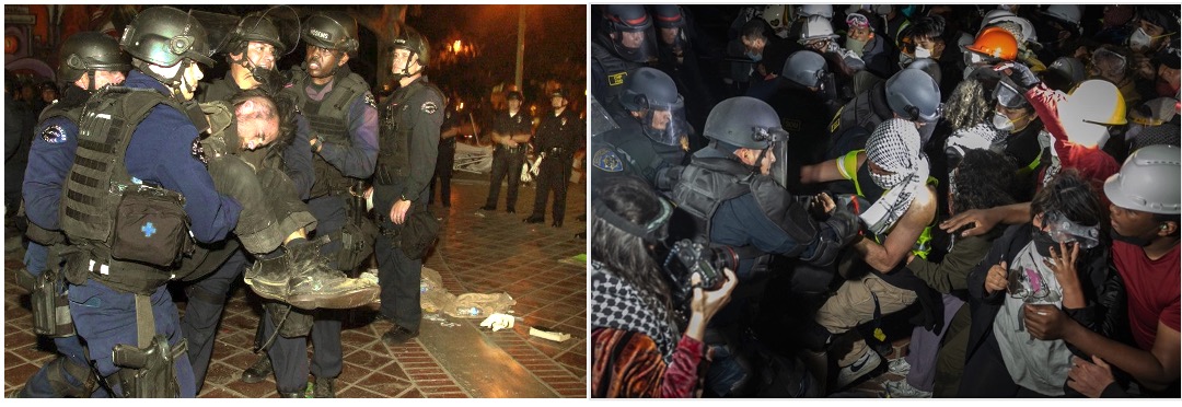 Vigilantes and police attacked the 2024 student anti-war encampment at UCLA (photo right), just like the police attacked the Occupy Wall Street encampment at LA’s City Hall in 2009 (photo left).